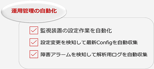 運用管理の自動化：監視装置の設定作業を自動化、設定変更を検知して最新Configを自動収集、障害アラームを検知して解析用ログを自動収集